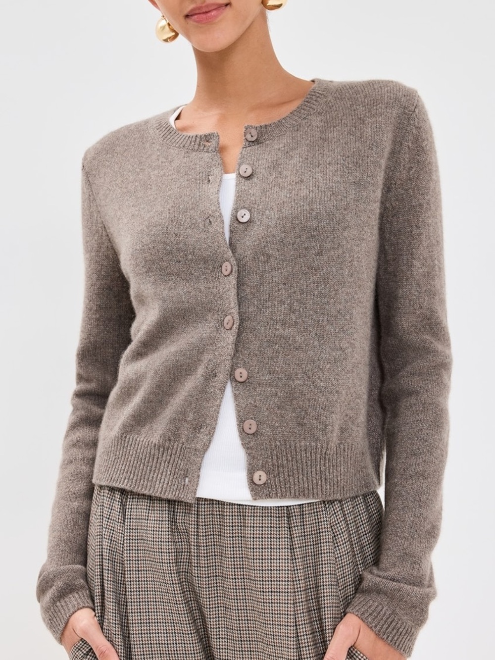 Reformation Clara Cashmere Crew Cardigan button front neutral minimal L